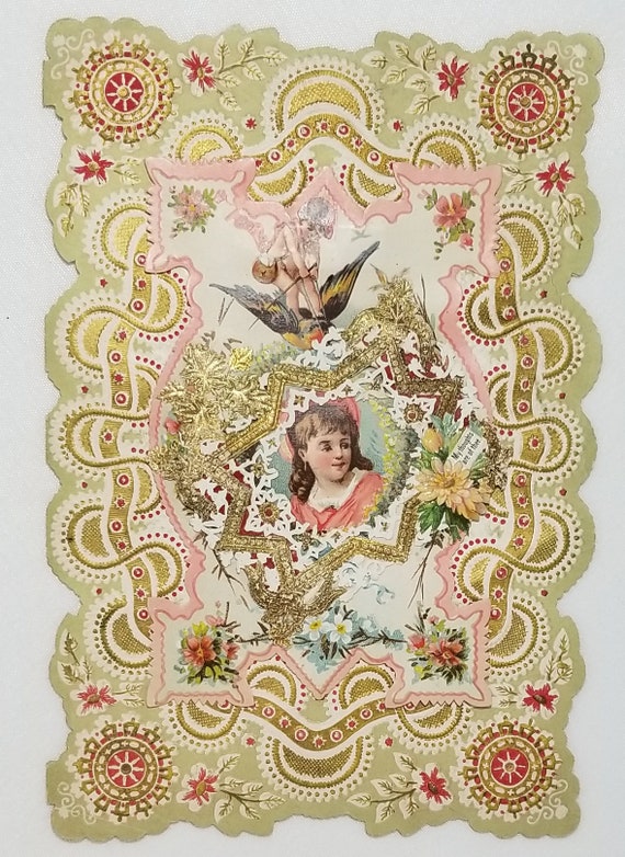 Antique Victorian Valentine Card Die Cut Girl Roses Love Poem