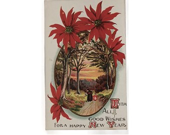 New Year's Postcard Winter Landscape Poinsettia Border