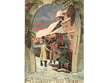 Vintage New Year Postcard | Band Gathering in Snowy Town | Antique Winter Card