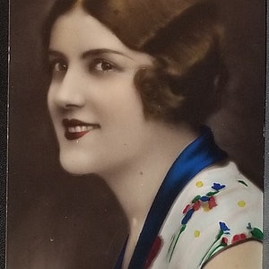 Hand Tinted Real Photo Postcard of Beautiful Woman Art Deco Period