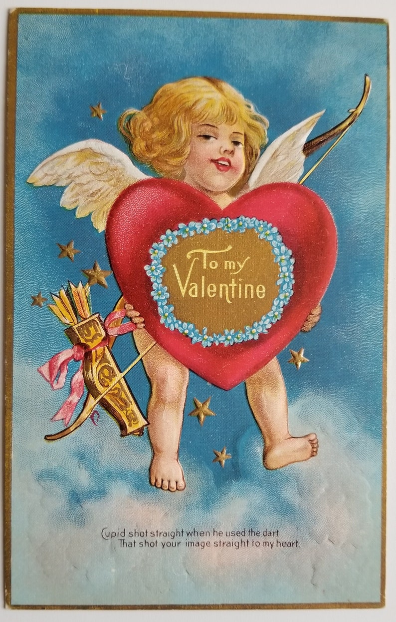 Valentine Postcard Series 1 Cupid Holding Heart Floating on Cloud image 1