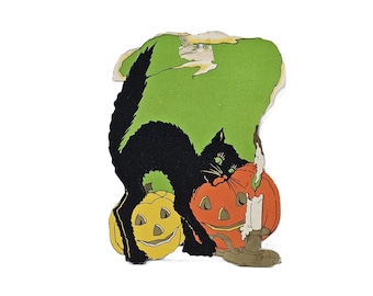 Vintage Whitney Halloween Tally Card  Die Cut Scaredy Black Cat JOL Pumpkins