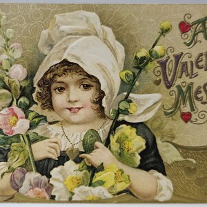 Art Nouveau Valentine Postcard: Girl with Flowers, Gold Hearts