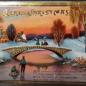 Christmas Postcard Gold Foil Snowy Landscape Child and Father on Ice Gel Finish