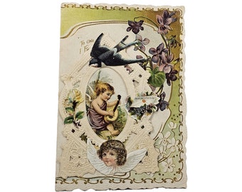 Die Cut Antique Valentine Card with Paper Doily Lace Victorian Era 1800s Cupids and Birds Chromolithograph