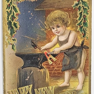 New Year Postcard Baby Time Blacksmith Gold Embossed Background