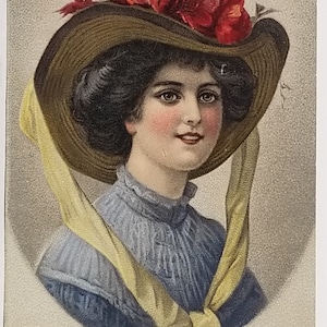 Woman Postcard Portrait of Brunette in Large Bonnet Hat Edwardian Period Glamour Girls