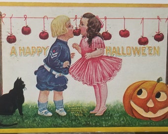 Halloween Postcard Children Playing Apple Game Intl Art Publishing Bergman