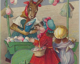 Rare Easter Postcard Anthropomorphic Mother Rabbit Selling Eggs to Children Silver Embossed Background Germany