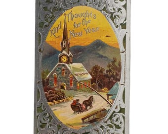 Vintage New Year Postcard | Silver Embossed Card | Sleigh Ride at Night