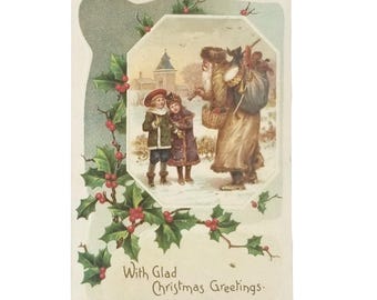 Antique Christmas Postcard, Old World Santa in Brown Robe, Saint Nick with Children in Snow