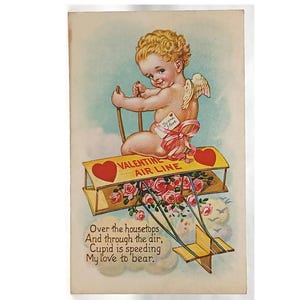 Valentine Postcard Cupid Piloting Bi-Plane Filled with Pink Roses