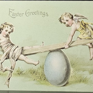 Easter Postcard Fairies Playing on Seesaw with Giant Egg in Middle