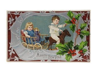 New Year's Postcard Silver Embossed Children in Rocking Horse Carriage