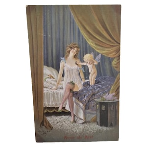 Artist Arthur Thiele &#39;Amor als Arzt&#39; German Cupid as Doctor with Woman on Bed in Nightgown