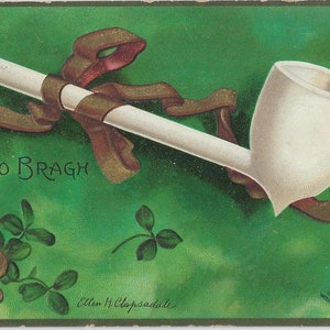 Saint Patrick&#39;s Day Postcard White Pipe with Gold Green Background Artist Ellen Clapsaddle