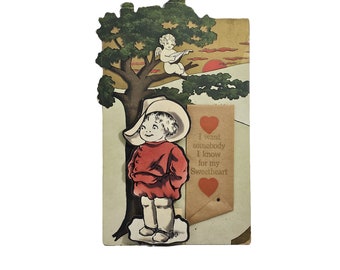 Large Vintage Die Cut Stand Up Mechanical Valentine Card Cowboy Kid Standing Under Tree with Cupid