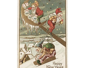 Antique Gold Embossed Happy New Year Postcard | Elves Stealing Money Bags from Moon | Victorian Fantasy Holiday Card