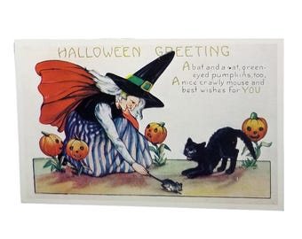 1922 Antique Whitney Made Halloween Postcard - Witch, Black Cat & Green-Eyed Pumpkins