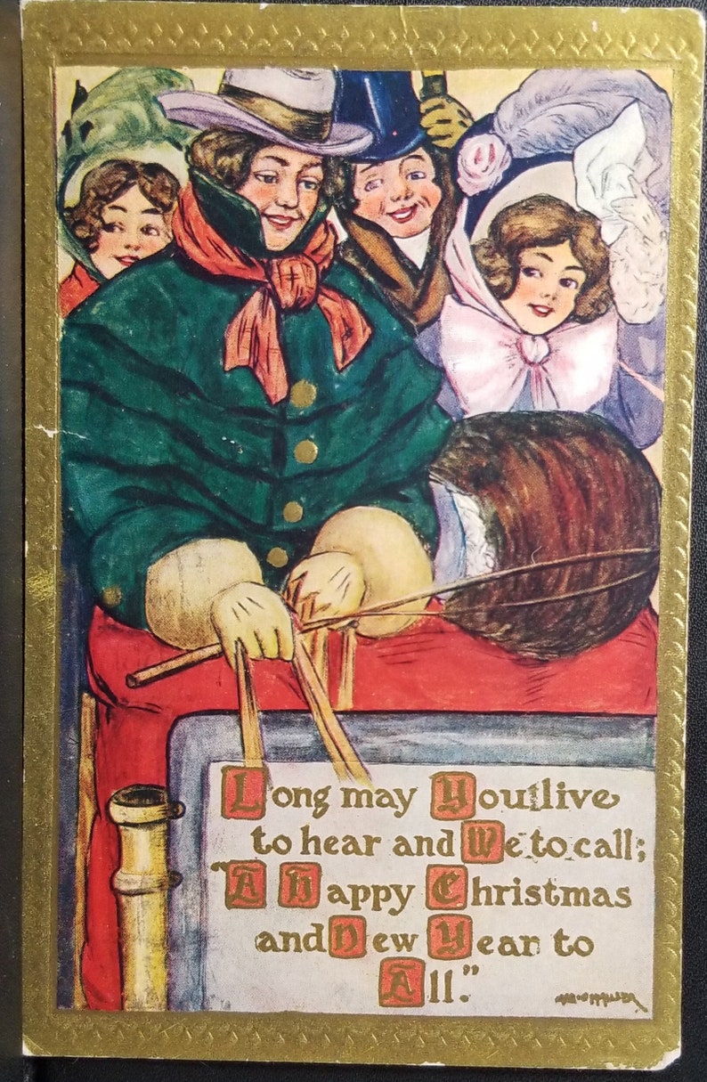 Christmas Postcard Carolers in Red Sleigh Gold Border Poem by Etsy
