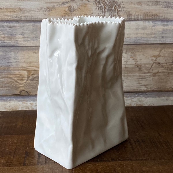 Vintage Designer White Porcelain Vase Paper Bag Do Not Litter by Tapio Wirkkala for Rosenthal Studio Linie Germany 6”H