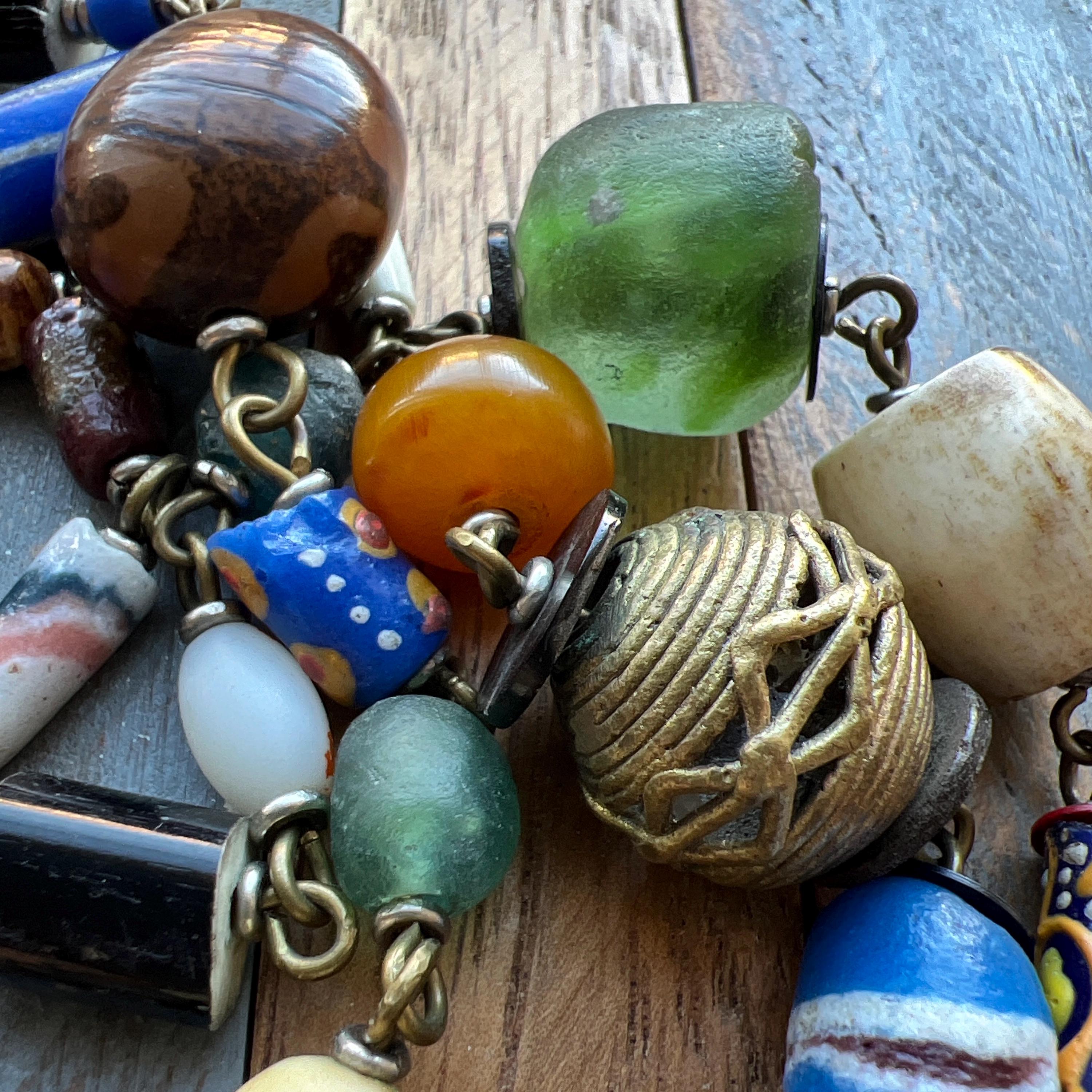 Vintage Handmade African Trade Beads and Brass Multicoloured Long