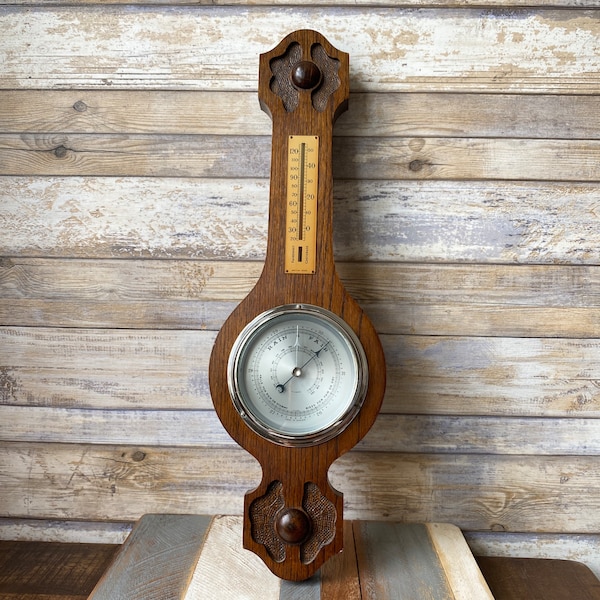 Vintage Traditional Carved Solid Oak Mercurial Barometer Wall Hanging British Made