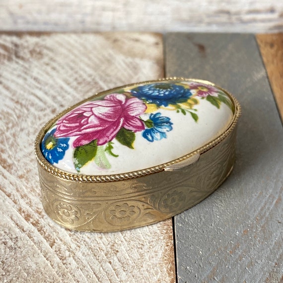 Vintage Silver Toned Painted Porcelain Pill Box Case Floral Motifs