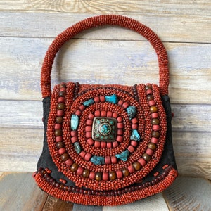 Cabujones turquesa vintage hechos a mano y bolso de cristal rojo con cuentas de coral Bolso pequeño de clutch de noche
