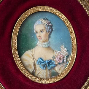 Antique Hand Painted Porcelain Miniature Portrait of Young Woman Red Velvet Gilded Frame