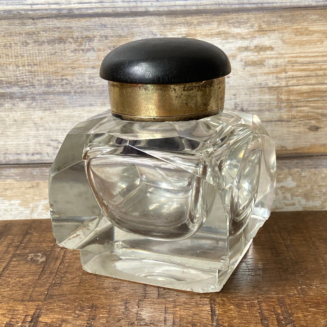 Antique Crystal Glass Brass and Ebony Wood Inkwell Large and Heavy Made ...