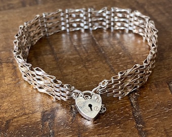 Vintage Sterling Silver Chain and Link Bracelet with Heart Clasp Hallmarked
