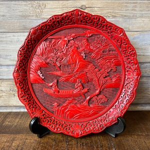 Vintage Chinese Red Cinnabar Decorative Plate Hand Carved with Intricate Details