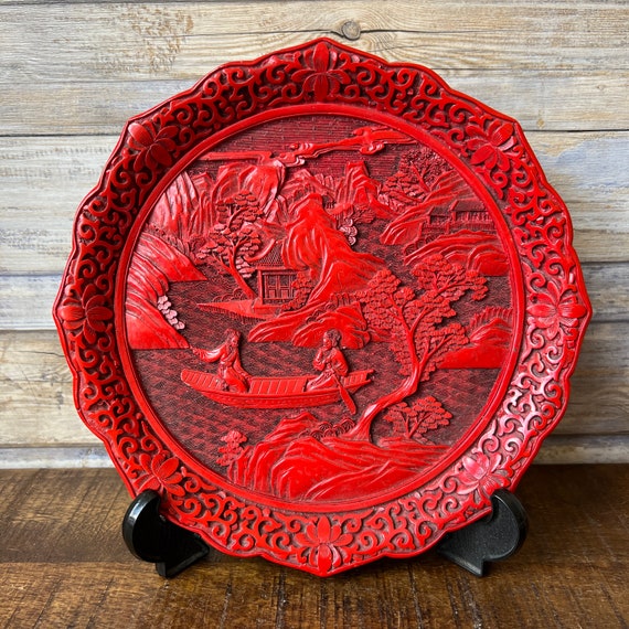 『1年保証』 Cinnabar Red Chinese Vintage Decorative Carved Hand Plate 工芸品