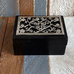 Vintage Ebony Wooden Pill Box Engagement ring Box with Metal Heart Flower Details