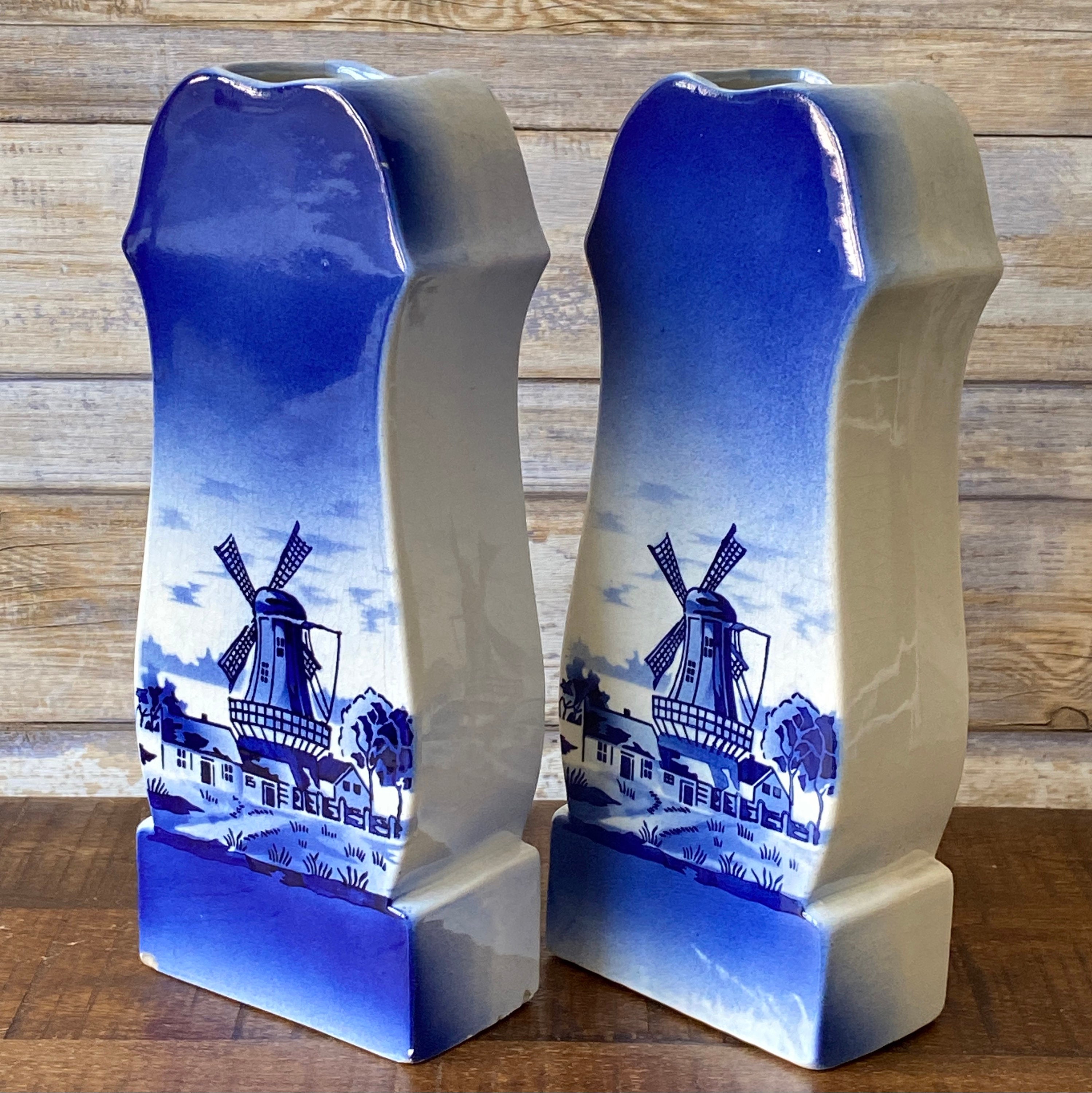 Antique Vintage Pair Blue & White Delft Pottery Vases