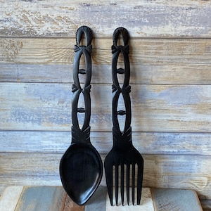 Vintage African Hand Carved Ebony Wood Salad Serving Utensils