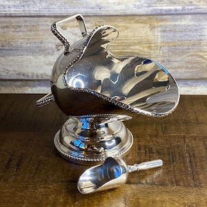 Vintage Silver Plated Novelty Sugar Scuttle Bowl with Original Scoop Engraved Floral Motifs