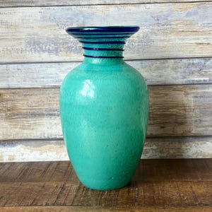 Vintage Art Glass Studio Green Vase with Blue Spiral Decoration