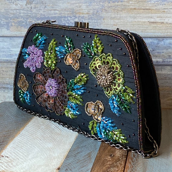 Petit Sac Bandoulière Turquoise Brodé De Perles Et Paillettes - Occasion - Style Festif