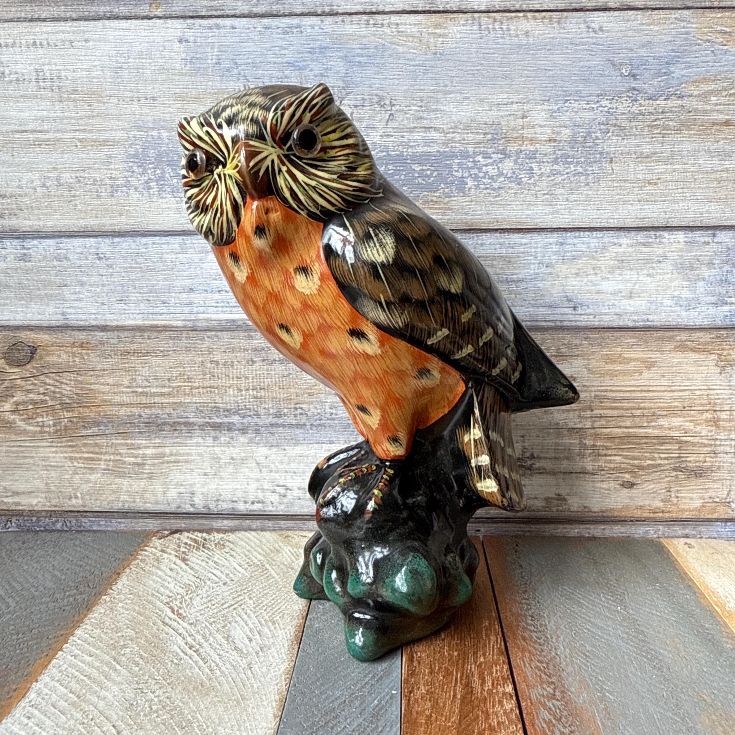 Vintage Ceramic Hand Painted Owl Figurine with Glass Eyes and Intricate Feather Details