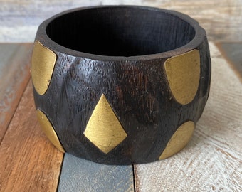 Vintage Oversized Chunky Wooden Bangle with Brass Geometric Elements