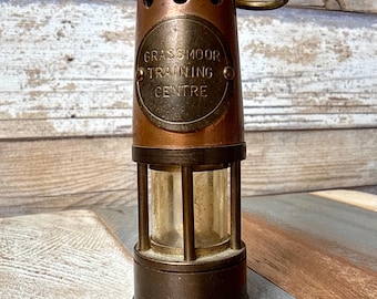 Vintage Brass British Coal Mining Safety Miners Lamp, Aberaman