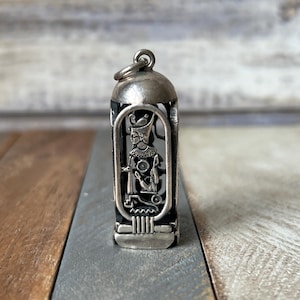 Vintage Egyptian Sterling Silver Four Sided Cartouche Pendant with Egyptology Symbols