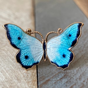 Antique Art Deco Guilloche Enamel Small Blue Butterfly Brooch Pin