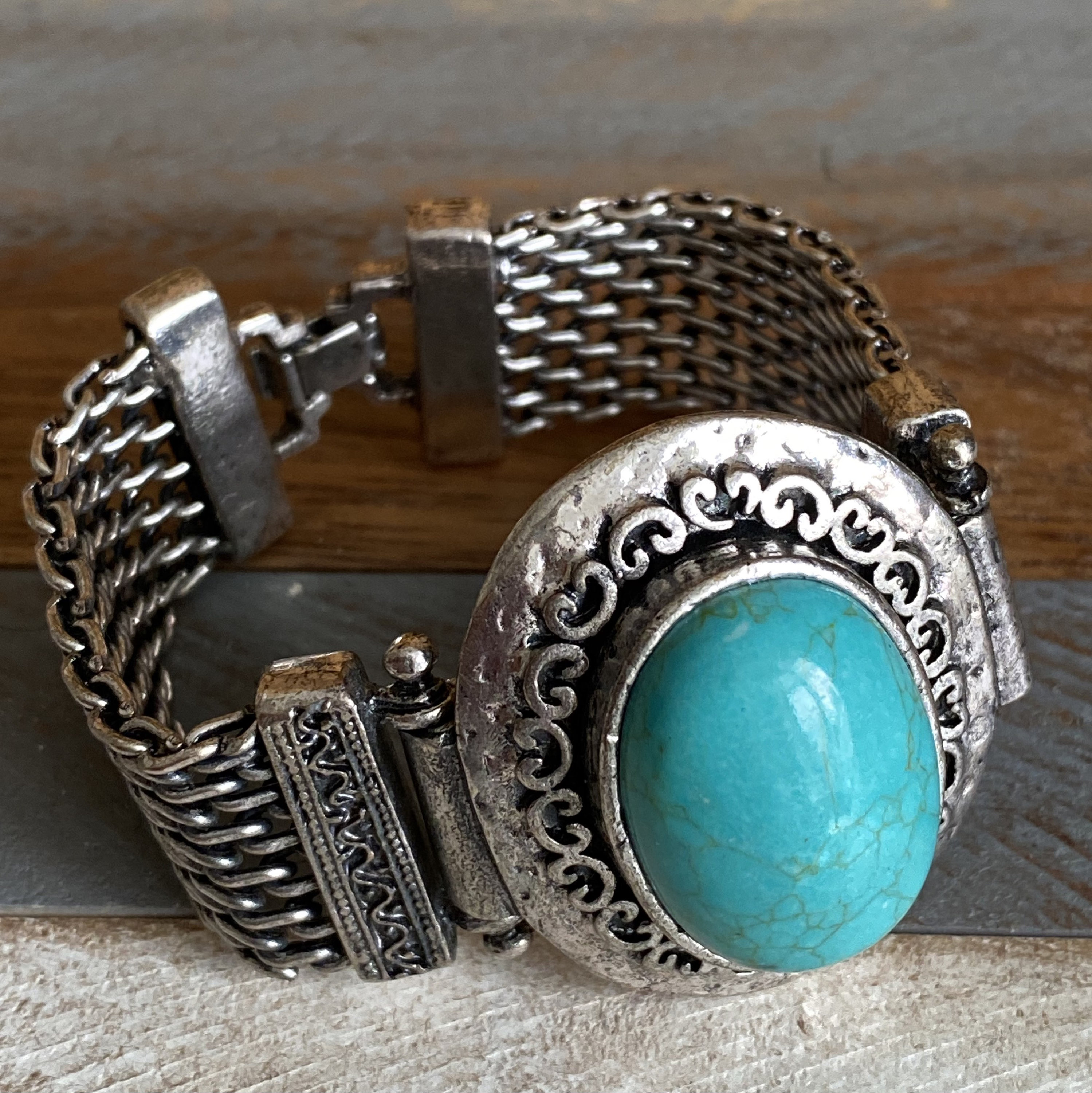 Bracelet Bijou Vintage Argenté Avec Cabochon Turquoise - Modèle 4354 - Occasion