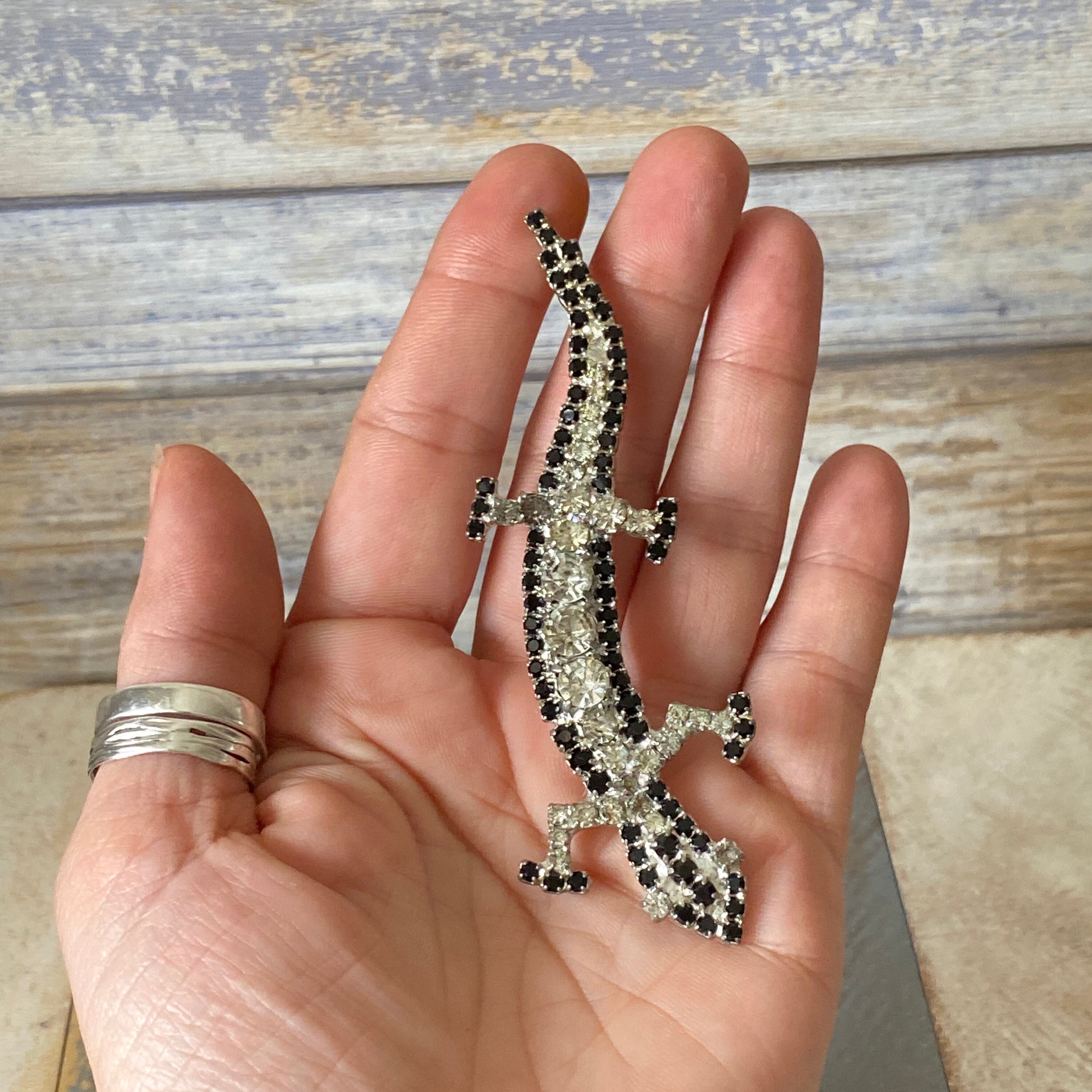 Broche Vintage Salamandre/gecko Laiton Doré Strass - Provence - 60x30mm