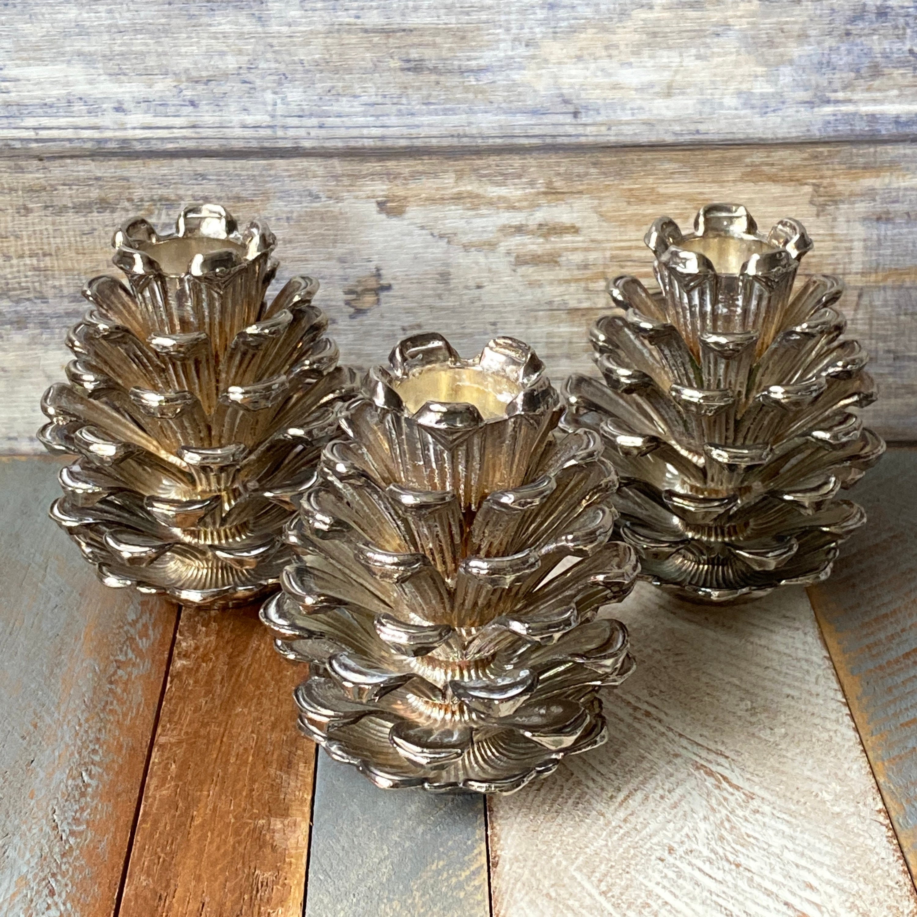 Vintage Silver Plated Pinecone Candlestick Holders Set of Three Green Felt  Bottoms Medium Sized Heavy 