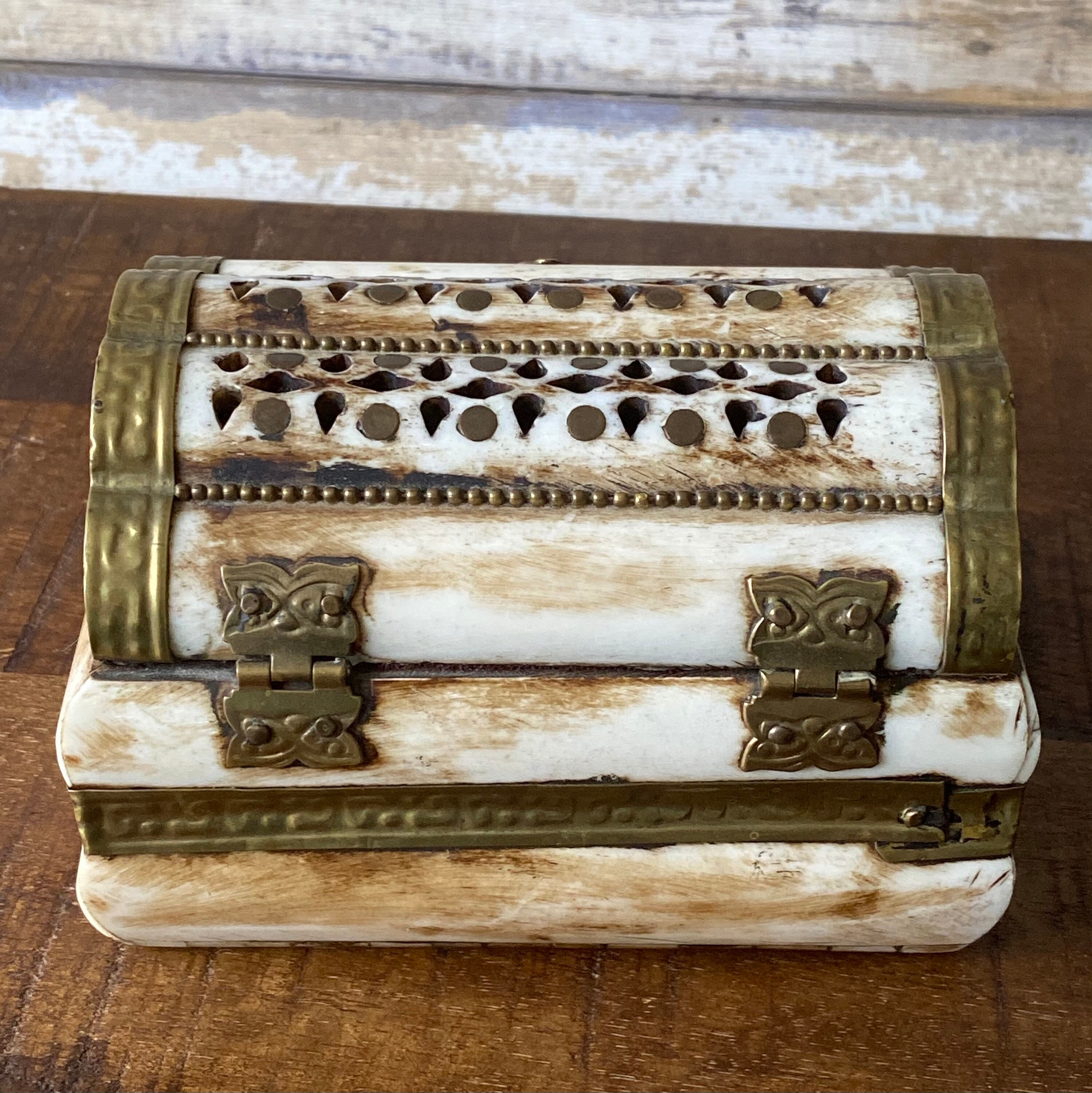 Vintage Carved Bone And Brass Small Ornate Treasure Chest Etsy