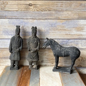 Vintage Handmade Black Ceramic Terracotta Army Two Warriors and Horse Figurines Set of Three